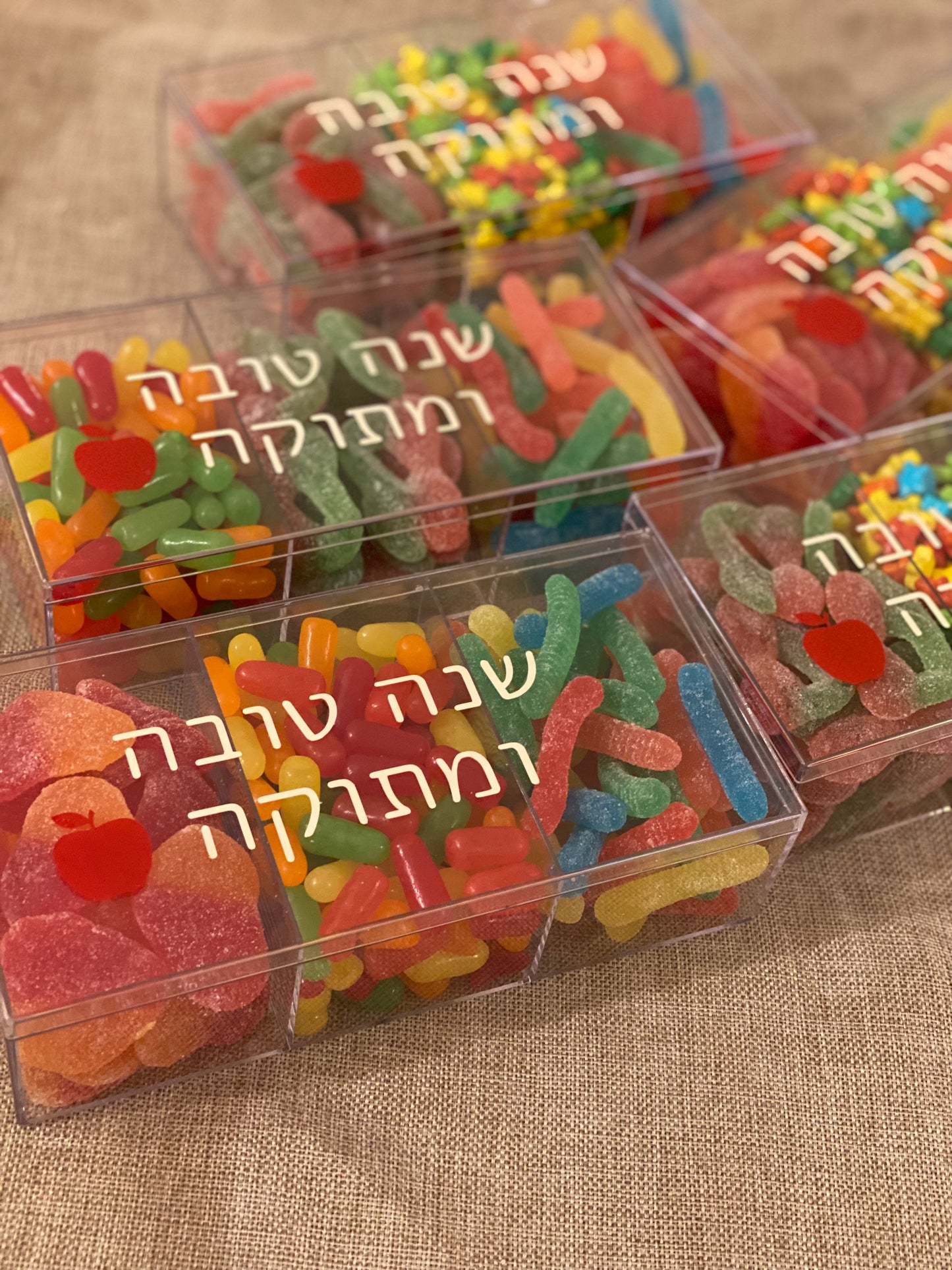 Lucite Rosh Hashanah kosher Candy Sectional with printed Hebrew