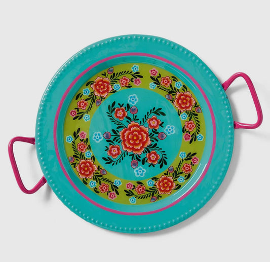 Bright Floral Stainless Steel Serving Tray with Handles