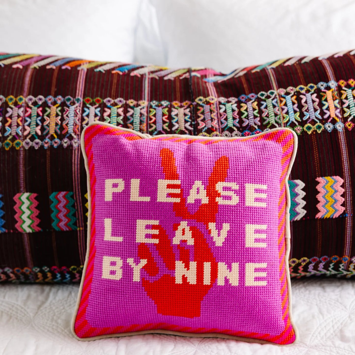 “Please Leave By Nine” Embroidered Needlepoint Pillow