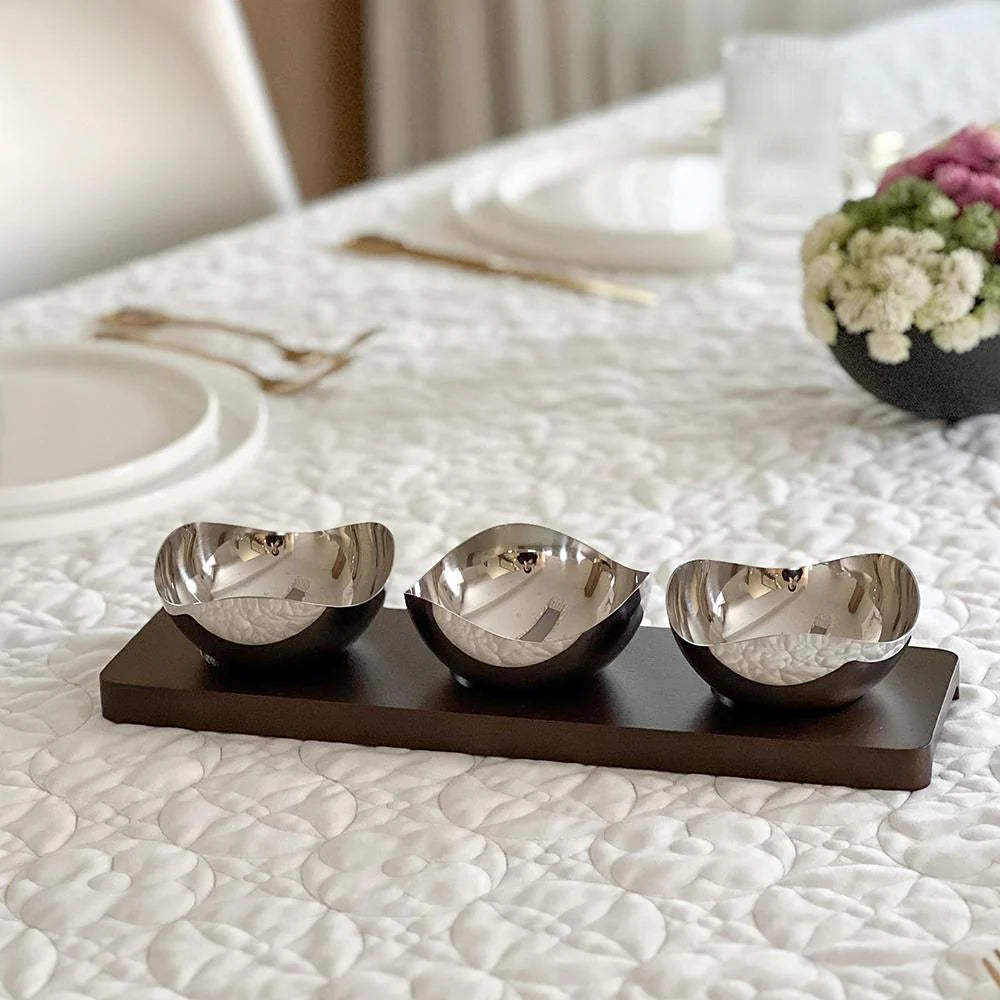 Metal Petal Shaped Dip Bowls with Wooden Tray