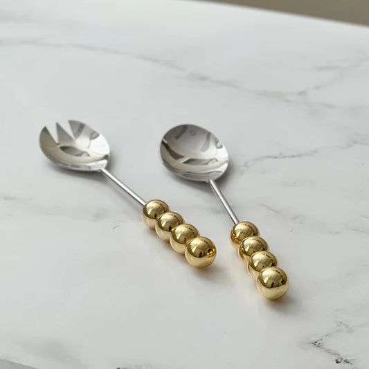 Stainless Steel Salad Server With Gold Balls
