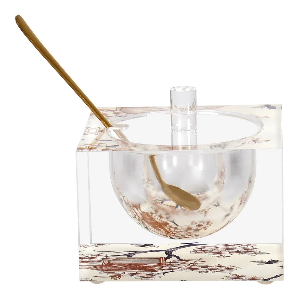 Square Lucite Honey Dish with Toile Design
