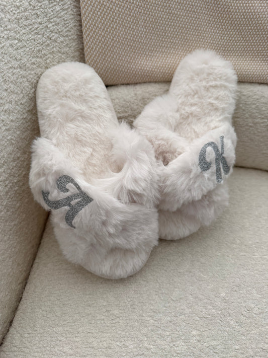 Personalized White Bride Slippers | Custom Initial Wedding Slippers | Bridal Getting Ready Gift