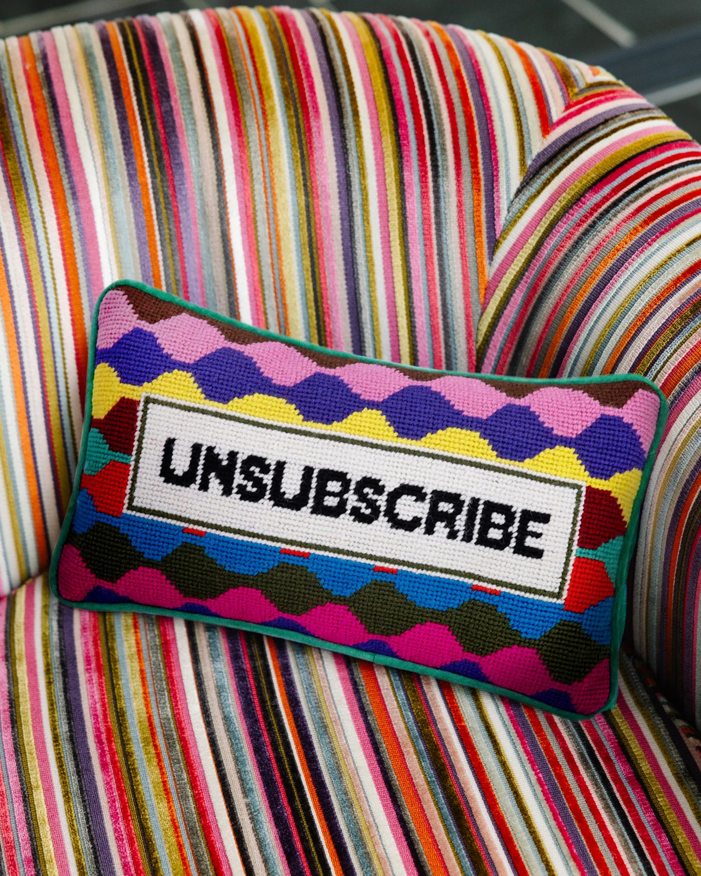 Unsubscribe embroidered pillow