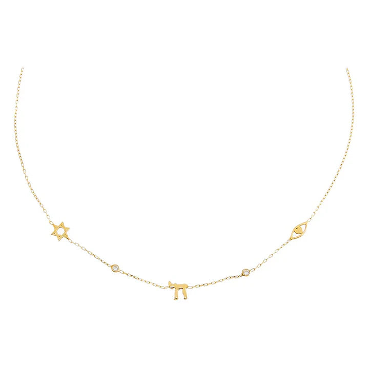 Chai Jewish star evil eye charm necklace in gold 