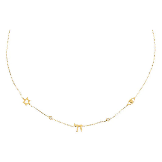 Chai Jewish star evil eye charm necklace in gold 