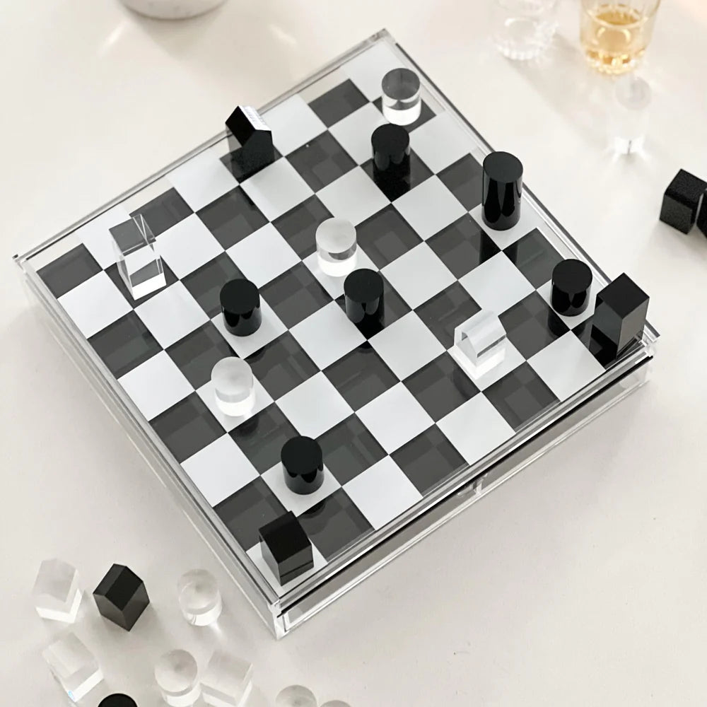 Lucite acrylic black and white chess and tic Tac toe game set in one