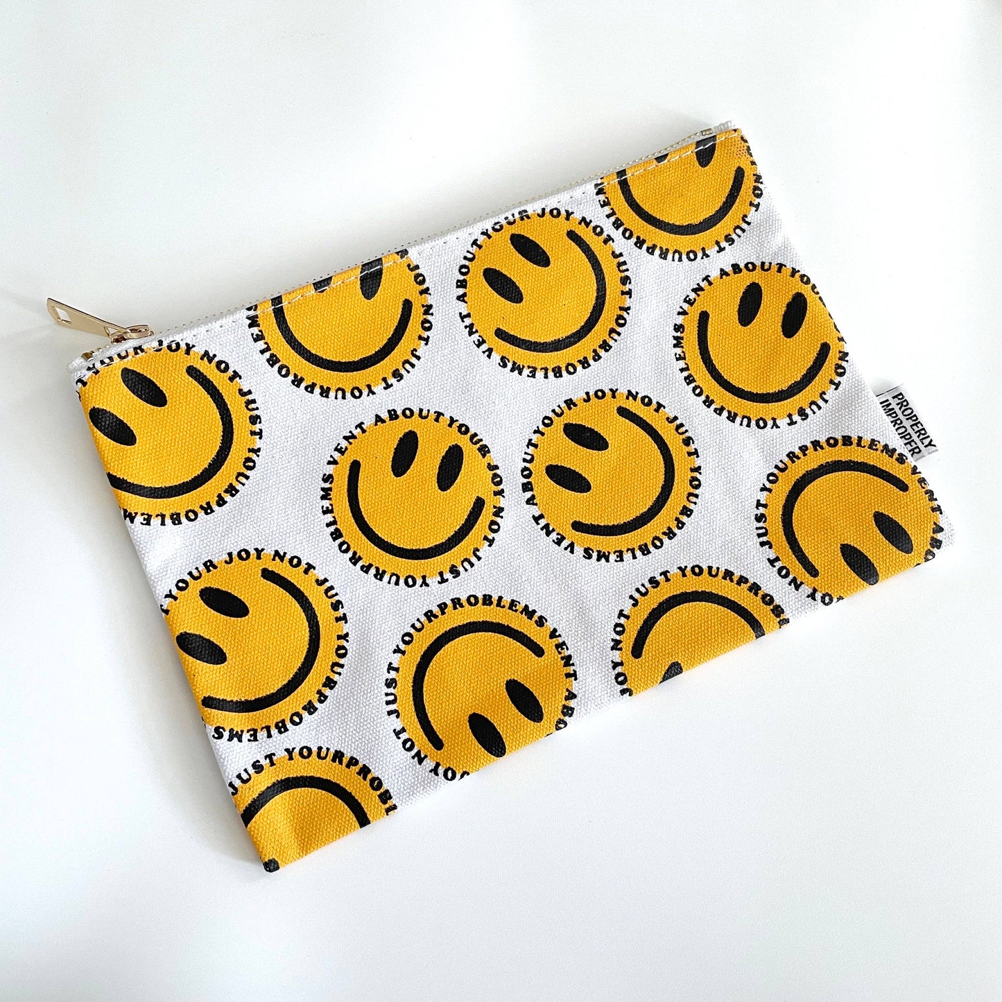 vent about your joys not just your problems pouch. happy smiley pouch bag