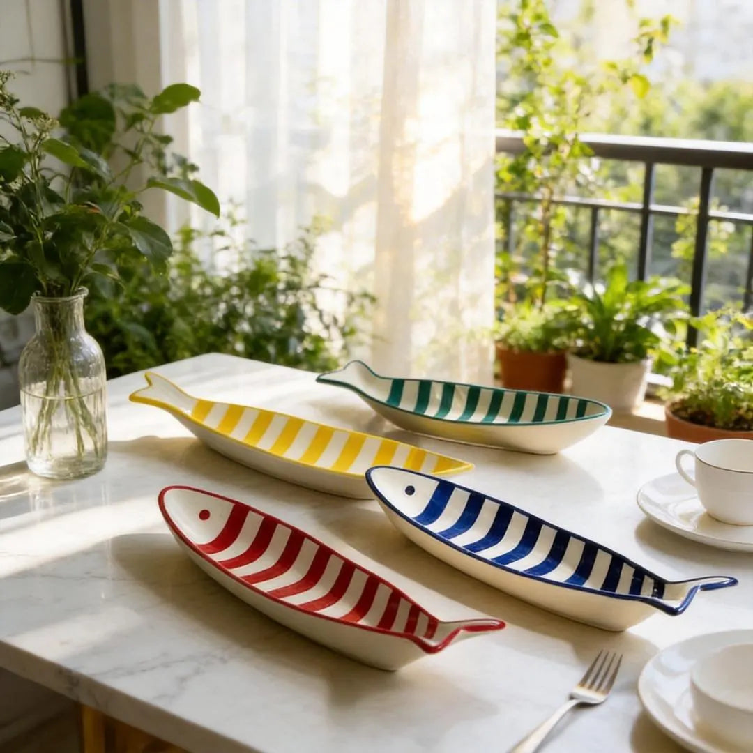Hand Printed Fish Shape Ceramic Serving Plate
