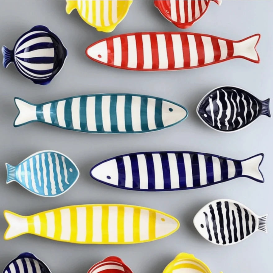 Hand Printed Fish Shape Ceramic Serving Plate
