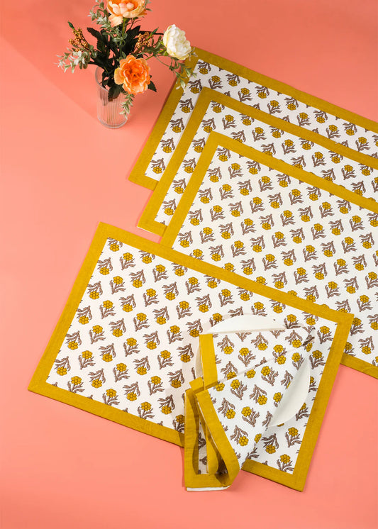 Golden Marigold Block Print Cotton Placemats- set of 4