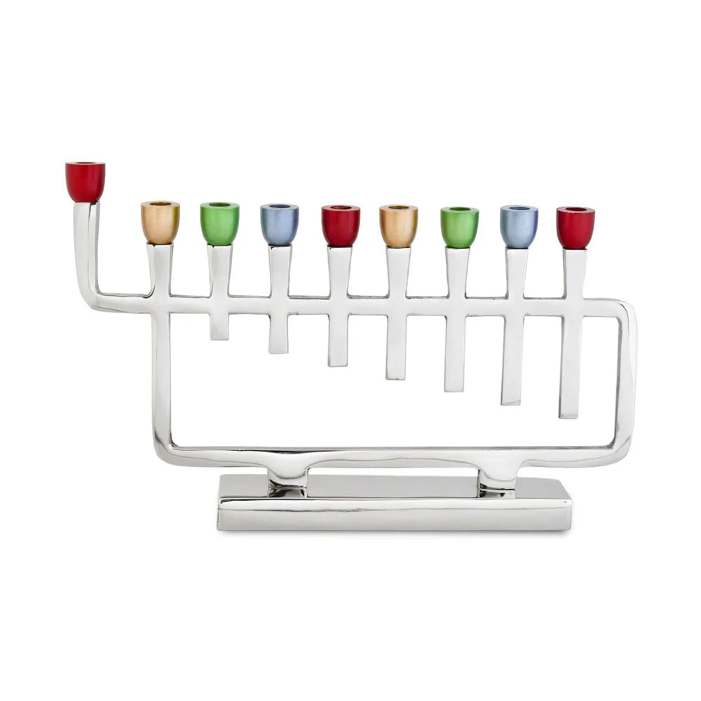 Menorah - Polished Silver Metal Menorah with Colorful Candle Cups