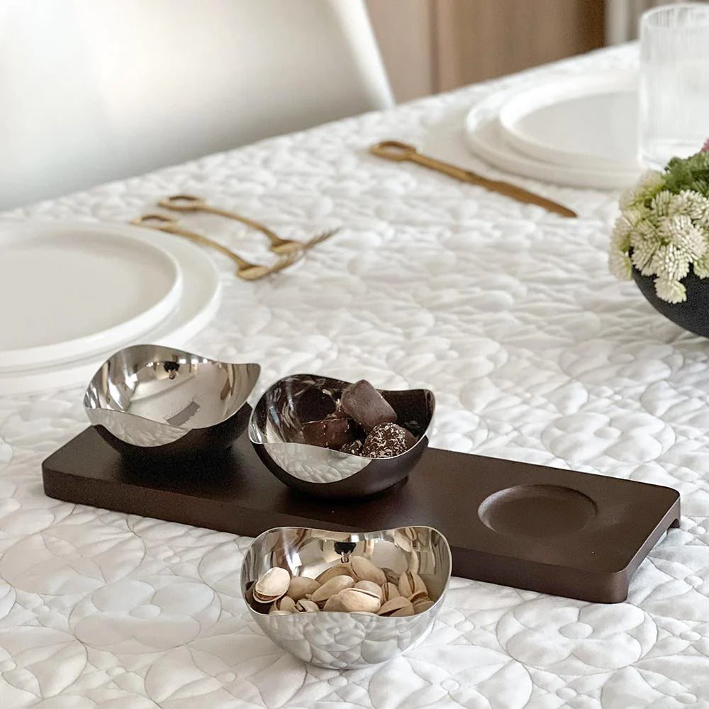 Metal Petal Shaped Dip Bowls with Wooden Tray