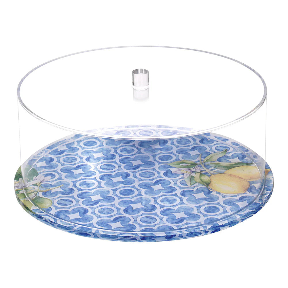 Round Lucite Cake Dome with Blue and Lemon Print Design