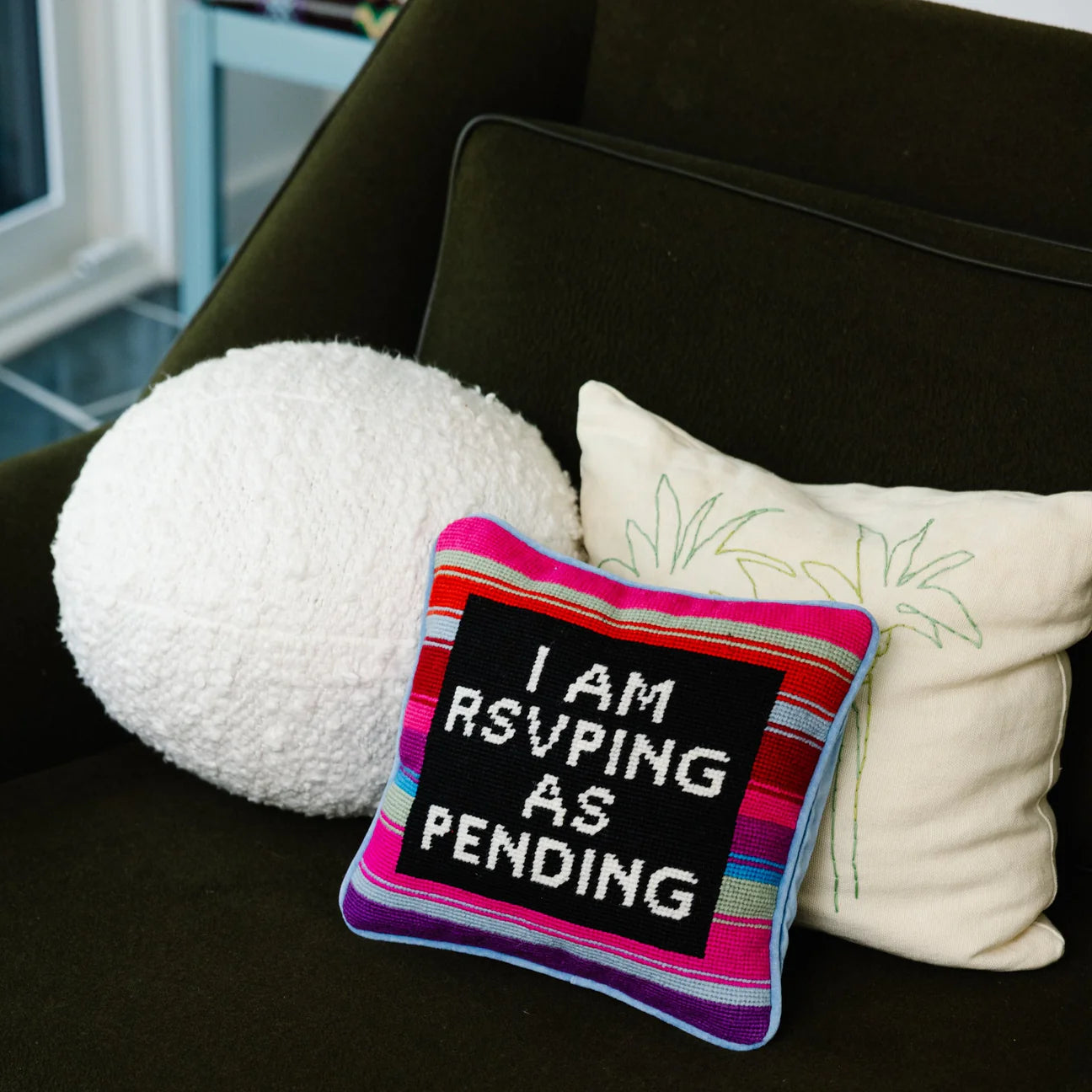 RSVP As Pending Needlepoint Throw Decorative Pillow colorful