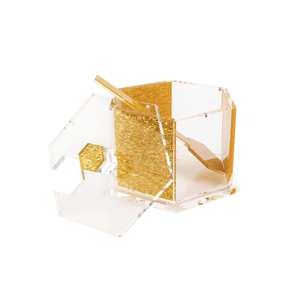 Lucite Hexagon Rosh Hashanah Honey Dish in gold 