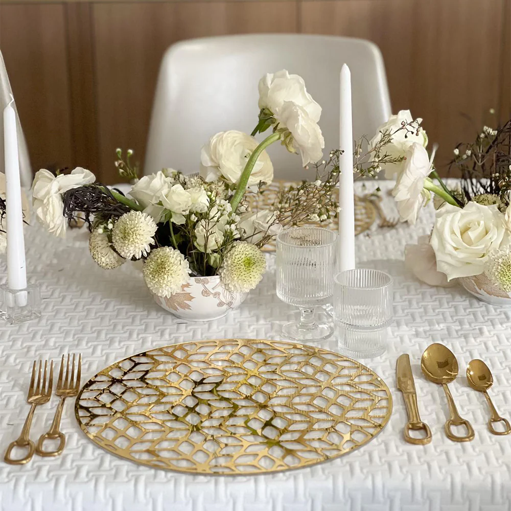 Lucite & Gold Laser Cut Honeycomb Design Round Charger . Rosh Hashana tablecloth 