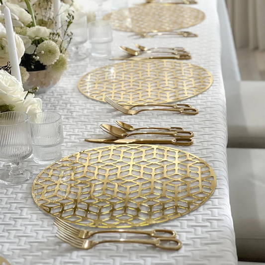 Lucite & Gold Laser Cut Honeycomb Design Round Charger - Set of 4