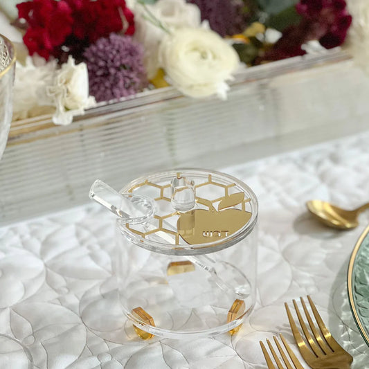 Round Lucite Honey Dish Honeycomb Design