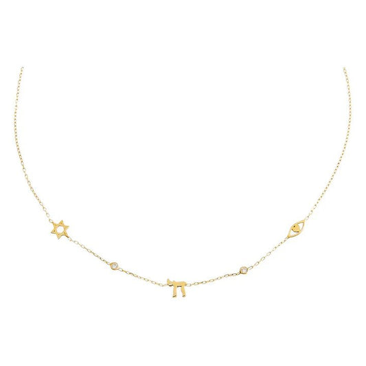 Chai Jewish Star Evil Eye CZ Bezel Charm Necklace - Little Somethings NYC