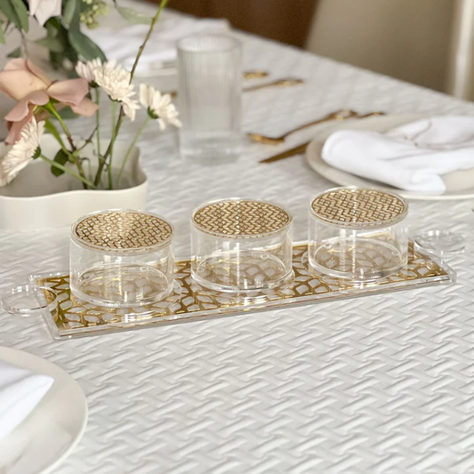 Lucite and Laser Cut Dip and Nosh Bowls + Tray