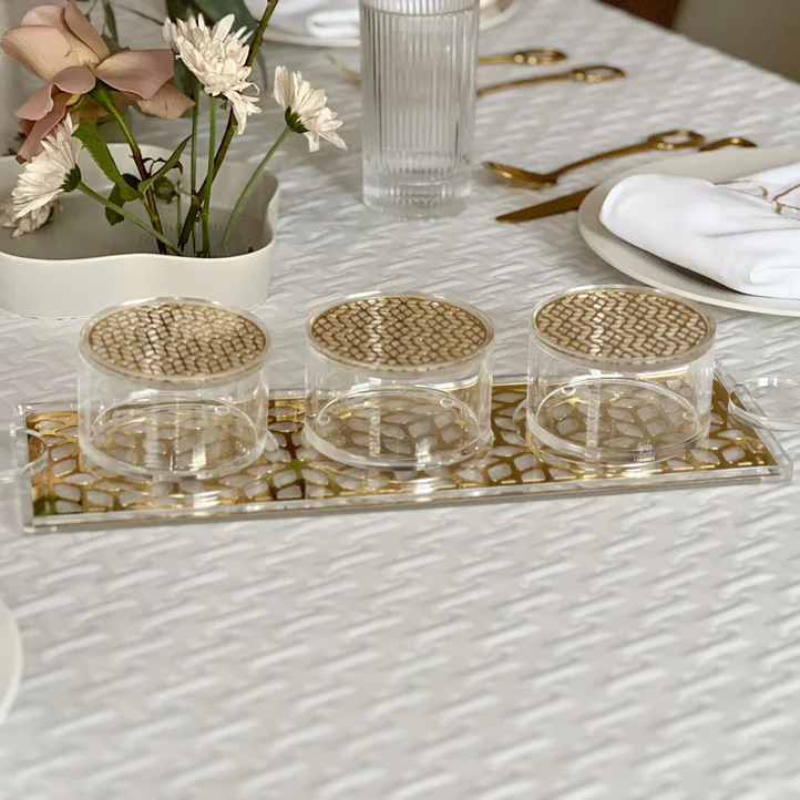 Lucite and Laser Cut Dip and Nosh Bowls + Tray