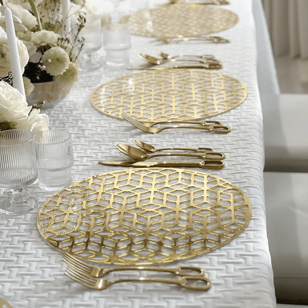 Lucite & Gold Laser Cut Honeycomb Design Round Charger - Set of 4 - Little Somethings NYC